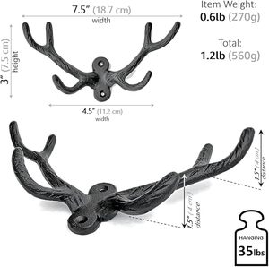 ตะขอเสื้อโค้ทเหล็กหล่อสีดำวินเทจสไตล์เขากวาง-บ้านไร่ที่ทนทานและเรียบง่ายใช้งานง่ายสำหรับเสื้อโค้ทและหมวก - Product Image 2