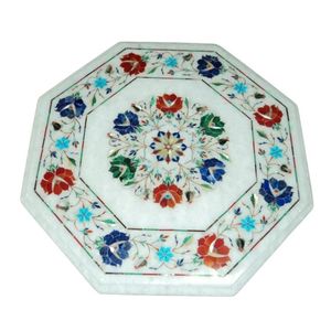 Table d'appoint de luxe ronde et octogonale en marbre blanc fabriquée à la main Design moderne avec incrustations de pierres semi-précieuses pour le salon - Product Image 3