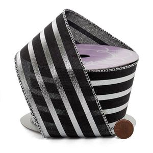 Silver & Black Striped Organza Satin Polyester <b>Wired</b> <b>Ribbon</b> Floral Design for Wedding Birthday or Halloween Gift Wrapping - Product Image 3