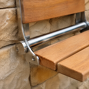 Banc pliant mural en teck avec support en acier inoxydable, design minimaliste extérieur, finition polie, 1 niveau, forme rectangulaire - Product Image 2