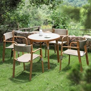 Modern Teak Outdoor Dining Set <b>Round</b> <b>Table</b> and Rope Chairs 4 Seater Garden Furniture for Cafe Resort Villa - Product Image 1
