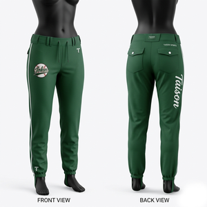 Pantalon de baseball pour femmes, tissu polyester et élasthanne de qualité supérieure 240 GSM, vert, coupe ajustée, bande latérale rayée, logo personnalisé, pantalon de sport - Product Image 1
