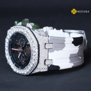 Montre de sport Moissanite avec bracelet en caoutchouc motif camouflage gris-Montre chronographe Moissanite, montre à quartz élégante pour hommes - Product Image 3