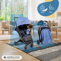 Poussette compacte Mobiclinic Blue Trip pour bébé, fonctionnement à une main, repose-pieds réglable, matière en lin, poids maximal 15 kg pour les voyages