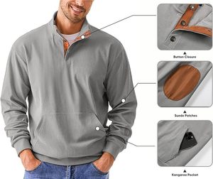 Sweat-shirt à manches longues en velours côtelé à col montant et boutons pour hommes, motif uni, brodé - Product Image 3