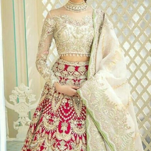 INDIAN/PAKISTANI HEAVY EMBROIDERY BRIDAL <b>BLOUSE</b> ,LEHENGA & DUPATTA WITH Embellished WITH GLASS BEADS,STONE,DABKA Work @ 2023 - Product Image 1