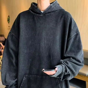 Sudadera con capucha lavada negra, sudadera de hip hop de gran tamaño Sudadera con capucha negra desgastada lavada - Product Image 1