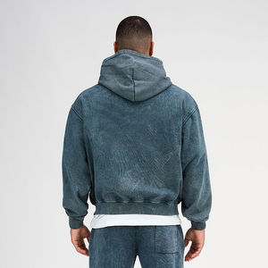 Acid Washed Oversized Embroidered Cropped Hoodies Ripped <b>Black</b> Distressed Applique Boxy Fit Pullover 100% Cotton <b>Men</b> - Product Image 3