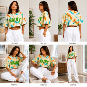 เสื้อครอปท็อปโอเวอร์ไซส์สำหรับผู้หญิง ปักลายเชนิลล์ ทรงหลวม ผ้าฝ้าย เสื้อยืดครอป สตรีทแวร์ ลำลอง เสื้อผ้าฤดูร้อน ผู้จำหน่าย - Product Image 1