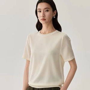 Camiseta básica de seda de verano para mujer, cuello redondo, manga corta, tela de punto, función antibolitas, camisetas para mujer - Product Image 1