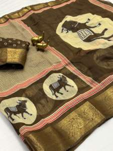 ส่าหรีผ้าฝ้ายเนื้อนุ่มสวยงามมีดีไซน์คาลม์คาริทั้งหมดพร้อมขอบเจคโครด - Product Image 4