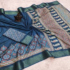 VASTRA COTTAGE Soft Silk Saree with All Over Digital Print and Both Side Zari Border Weaving Designer Saree with Running <b>Blouse</b> - Product Image 5