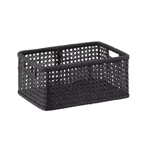 Paniers de rangement en rotin tissé de couleur noire et naturelle avec poignées, boîte de rangement en rotin tissé, décoration intérieure, taille personnalisée - Product Image 1