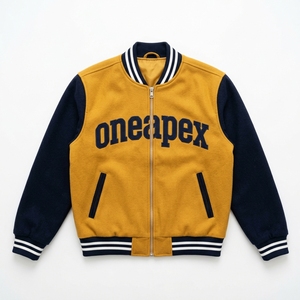 Veste Homme Jaune Moutarde Bleu Marine Personnalisée en Mélange de Laine avec Fermeture Éclair, Col et Poignets en Tricot Côtelé, Logo Brodé, Style Décontracté Streetwear - Product Image 1