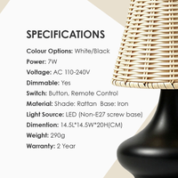 Lampe de table en rotin LED avec abat-jour tissé, 3 températures de couleur, base en fer pour la décoration de restaurant, hôtel, chambre