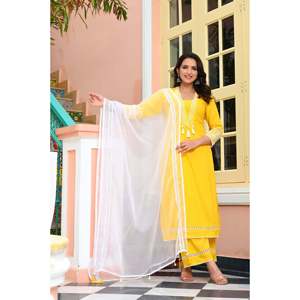 Superbe ensemble ethnique indien brodé jaune en pur coton, comprenant une kurta, un palazzo et un dupatta en organza, idéal pour les mariages et les fêtes, fabriqué en viscose. - Product Image 5