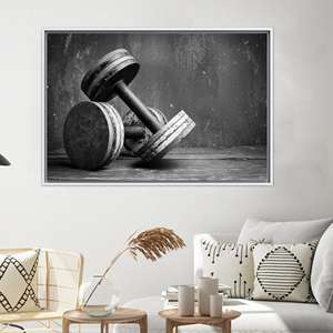 Tableau imprimé sur toile : Design de salle de sport avec haltères noir et blanc, 1P : encadré blanc - Product Image 1