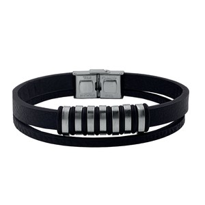 Bracciale Trendy Religioso in Acciaio e Pelle Nera con Diamante e Perla per Regali e Feste - Product Image 1