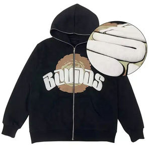 Sudadera con capucha negra personalizada del fabricante para hombre, sudadera de algodón con estampado de hojaldre, diseño de cremallera, logotipo bordado, venta al por mayor de ODM - Product Image 1