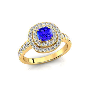 Bague solitaire halo en tanzanite 100% naturelle de luxe, or massif 18 carats plaqué rhodium, certifiée, coupe coussin, pour les mariages et les fêtes - Product Image 1