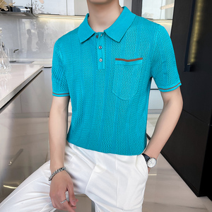 Polo ajustado de lujo de gama alta para hombre, camiseta informal de verano con bolsillo de solapa de punto, camiseta transpirable de manga corta, tela cómoda de Golf - Product Image 5