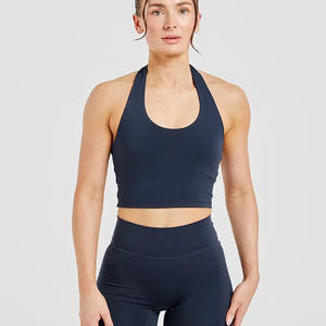 Latest Custom Logo <b>Navy</b> Women's Halternack Crop <b>Top</b> Stretchy & Buttery Soft Lightweight Gym Workout Sexy Crop <b>Top</b> Tees For Women - Product Image 1