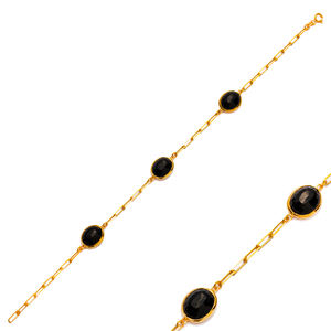 Cuarzo negro Triple piedra ovalada 22K oro bisel encanto pulsera 925 joyería de plata esterlina venta al por mayor joyería fina hecha a mano - Product Image 1