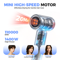 Sèche-cheveux infrarouge électrique Binwang 1400W, moteur sans balais haute vitesse 110000 tr/min, ions négatifs, 4 températures et 2 vitesses, OEM Hôtel