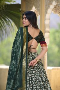 Exclusivo Tussar Silk Ikkat Print Lehenga Choli con trabajo de lámina y Gotta Patti Tassel Dupatta para Festival de bodas al por mayor - Product Image 3
