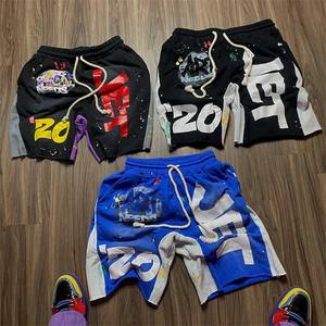 Custom Vintage Screen Print Cotton Terry Patchwork <b>Shorts</b> Raw Hem Edge Sun Fade Cut n Sew Distressed Acid Wash <b>Shorts</b> for Men - Product Image 1