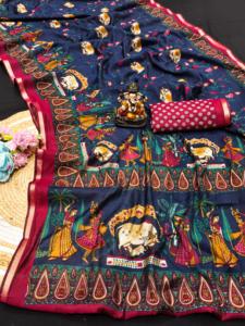 Saree en coton et lin doux avec imprimé floral et pallu imprimé est livré avec un chemisier imprimé avec bordure assortie - Product Image 2