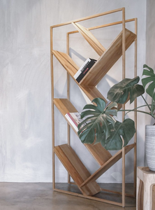 Estantería moderna de madera de teca, estante de exhibición de almacenamiento abierto en zigzag, Marco geométrico minimalista, muebles contemporáneos para el hogar, Biblioteca de Hotel - Product Image 2