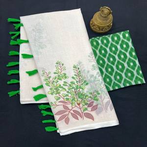 Sari VASTRA COTTAGE de Lino Liso con Estampado Digital, con Fumka Latkan y Blusa de Lino Digital a Juego, Sari Ligero y Elegante - Product Image 6