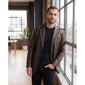 Blazer en cuir pour homme, en cuir d'agneau véritable, simple boutonnage, revers cranté, veste en cuir sur mesure, logo personnalisé OEM - Product Image 5