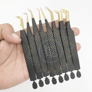 แหนบต่อขนตาปลอมเคลือบผงสีดำด้านสีทองและลายเพชรที่ยั่งยืนปรับแต่งฉลากได้ตามต้องการ - Product Image 1