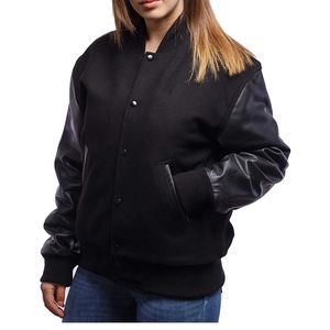 Veste universitaire noire unisexe à prix de gros, manches en cuir personnalisées, broderie décontractée, teinte unie pour hommes - Product Image 4