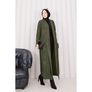 Cardigan en tricot à col châle tressé kaki pour femmes - Product Image 6