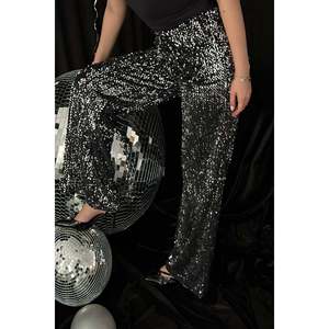 Black <b>Silver</b> <b>Sequin</b> <b>Trousers</b> with Elastic Waist - Black <b>Silver</b> - Product Image 5