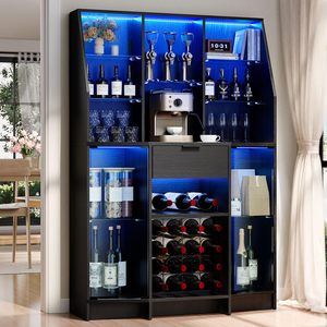 Mueble Bar Grande Negro para el Hogar con Luces LED y Estante para Vinos, Aparador Alto para Cafetera y Almacenamiento para Comedor - Product Image 2