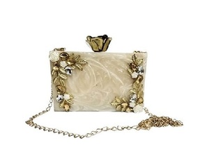 Gorgeous Beige Tone Finished Resin Clutch for Women Embellished with Diamond and Flower Decoration Antique Stylish Women's Purse - Product Image 5