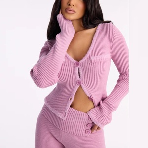 Ensemble deux pièces en tricot pour femme, automne 2026, avec logo personnalisé, haut court à manches longues, pull boutonné, survêtement, ensembles de pulls pour femme - Product Image 2
