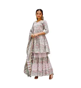 New Designer Party Wear Leaf & Abstract Printed Empire Cut Gathered Waist Kurta With Dupatta Set Wholesale Price Ethnic Wear