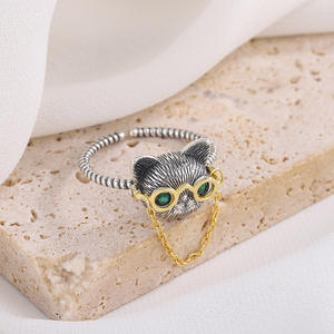 S925 kacamata <span class=keywords><strong>Dr</strong></span> kucing perak murni cincin terbuka rantai bergerak untuk wanita jari kucing bermata hijau Retro - Product Image 4