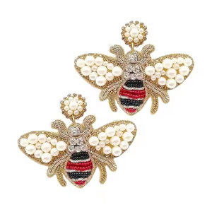 Pendientes de Abeja Bordados con Cuentas de Alta Calidad, Pendientes de Abeja con Cuentas, Abeja Reina de la India, Pendientes Hechos a Mano para Mujer - Product Image 4
