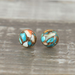 Boucles d'oreilles en argent sterling 925 massif, cuivre nacré, turquoise plaqué or, forme ronde lisse, pierre précieuse, bijoux de mariage pour femmes - Product Image 2