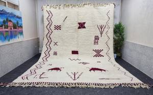 Maroon and White Gorgeous Beniourain Berber Symbols Moroccan <b>Rug</b> Handmade Wool Abstract Area Bohemian Wool <b>Rug</b> Best Quality - Product Image 4