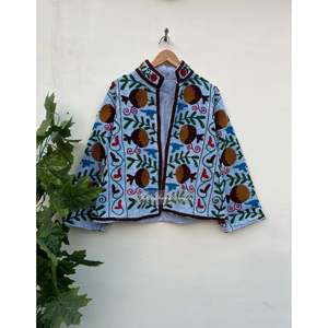 Reversible All-Season Suzani Embroidery Quilted <b>Jacket</b> for Women Cotton-Filled Varsity Style for Autumn and Winter <b>Suede</b> Coat - Product Image 1
