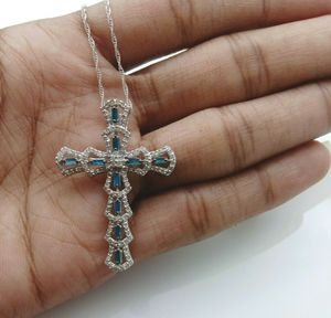 JEWELSPAARK 1.03 Ct Baguette Round Natural White Blue Diamond <b>Cross</b> Sterling Silver Link <b>Chain</b> Religious Pendant Necklace - Product Image 3