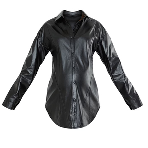 <b>Women</b> Genuine Leather Loose Fit Winter Formal Button Down Shirt with Street Wear Design Solid Color Fashionable Outerwear OEM - Product Image 6