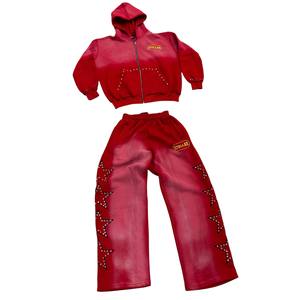 Cotton Fleece Rhinestone flare Sweat Suit Custom Logo <b>Zip</b> up Hoodie Sweat Baggy Pant Acid Washed Bottom <b>Trousers</b> Set Tracksuits - Product Image 1